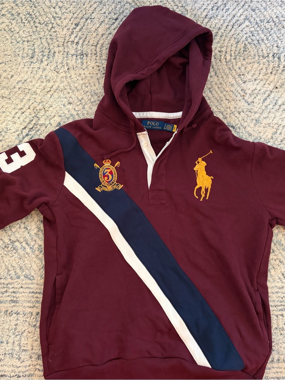 Polo by Ralph Lauren Burgundy Hooded Sweatshirt with Navy & White Stripe
